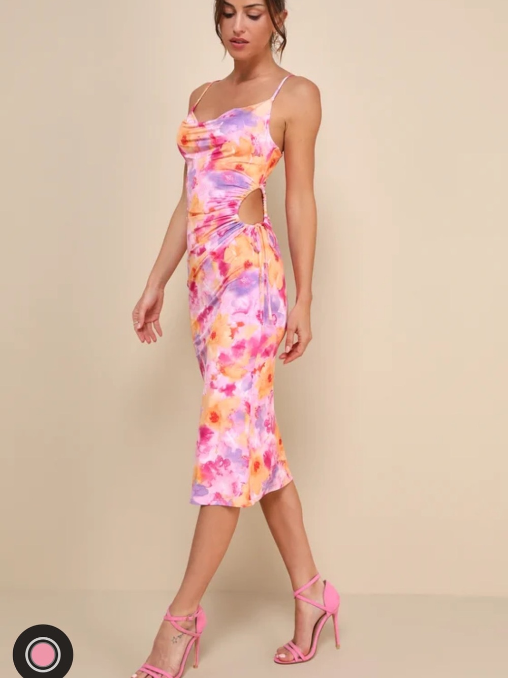 Lulu's Pink, Yellow & Purple Floral Cowl Midi Slip Dress